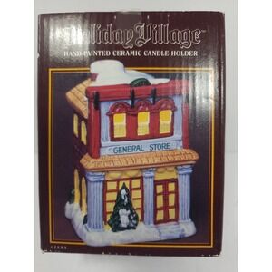 Holiday Village General Store Hand Painted Ceramic Candle Holder With Box